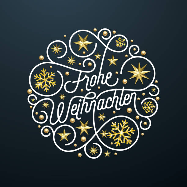 Frohe Weihnachten German Merry Christmas calligraphy lettering and golden snowflake star pattern decoration on white background for greeting card. Vector golden sparkling Christmas holiday text Frohe Weihnachten German Merry Christmas calligraphy lettering and golden snowflake star pattern decoration on white background for greeting card. Vector golden sparkling Christmas holiday text german language stock illustrations