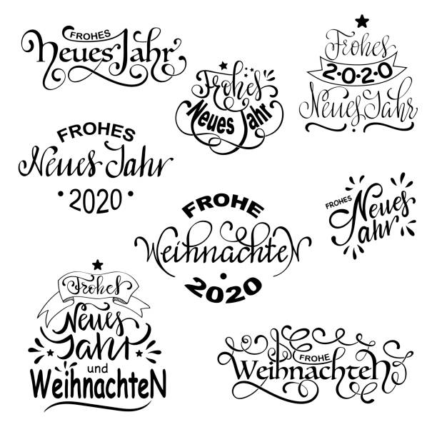 frohe weihnachten und frohes neues jahr - niemiecki wesołych świąt i szczęśliwego nowego roku zestaw kaligrafii deutsch napis - weihnachten stock illustrations