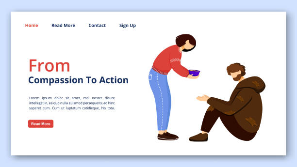 From compassion to action landing page vector template. Charity website interface idea with flat illustrations. Humanitarian help homepage layout. Feeding poor web banner, webpage cartoon concept  signup stock illustrations