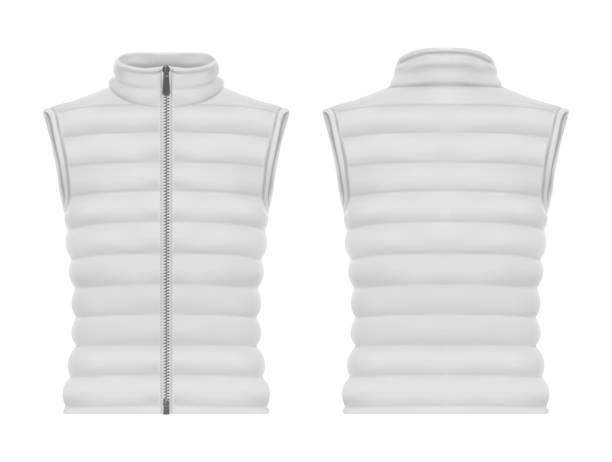 Front and back of vest jacket or sleeveless puffer Front and back view on vest jacket or sleeveless puffer closeup, waistcoat mockup. Warm apparel with zap or blank man and woman winter wear. Male and female quilted clothing and fashion, winter waistcoat stock illustrations