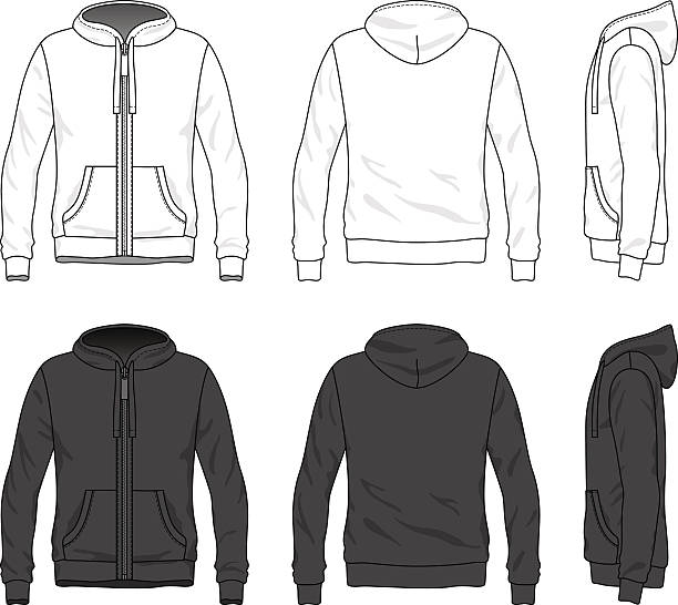 Front, back and side views of blank hoodie with zipper Blank Men's hoodie with zipper in front, back and side views. Vector illustration. Isolated on white. hoodie stock illustrations