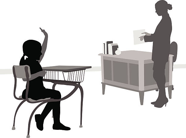 Front Row A vector silhouette illustration of an elementary school aged girl raising her hand to andwer the teacher's question.  The young girl sits at her desk.  Also in the classroom a female teacher stands by her desk and points at a piece of paper. teacher silhouettes stock illustrations