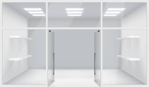 ilustrações de stock, clip art, desenhos animados e ícones de front store shop 3d realistic space open doors shelves template mockup background vector illustration - store render