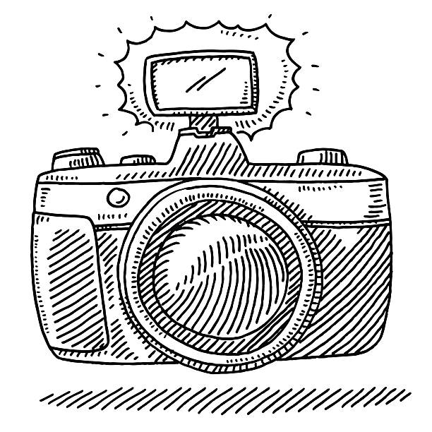 ilustraciones, imágenes clip art, dibujos animados e iconos de stock de vista de una cámara de fotos y linterna de dibujo - camera flash