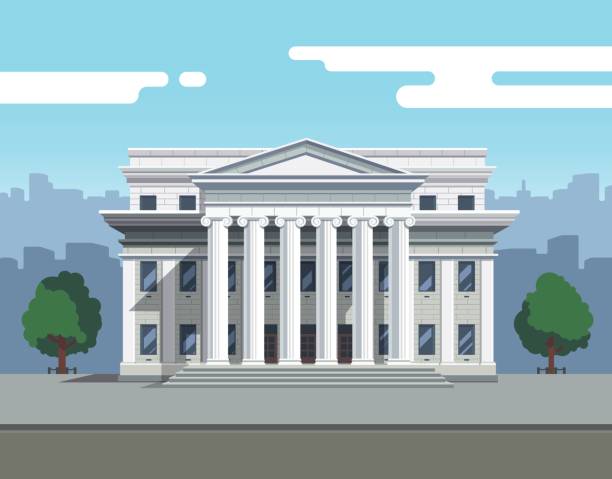 Front view of court house, bank or university Front view of court house, bank, university or governmental institution. White brick public building with white columns. Flat style modern vector illustration. supreme court stock illustrations