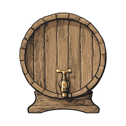 Front view of sketch style wooden barrel with tap