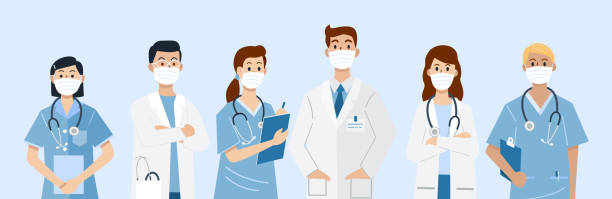 前線英雄，醫生和護士角色戴著面具的插圖。向量 - 醫院 插圖 幅插畫檔、美工圖案、卡通及圖標