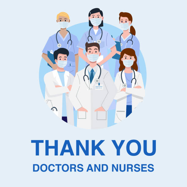前線英雄,醫生和護士角色戴著面具的插圖。向量 - doctor 幅插畫檔、美工圖案、卡通及圖標