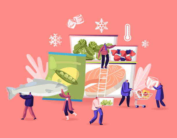 冷凍食品概念。微小的男性和女性角色購買和烹飪天然冰產品新鮮蔬菜，水果肉和魚。健康飲食，保護卡通平面向量插圖 - 凍結的 幅插畫檔、美工圖案、卡通及圖標