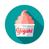 A flat design frozen yogurt icon with long side shadow. File is built in the CMYK color space for optimal printing. Color swatches are global so it’s easy to change colors across the document.