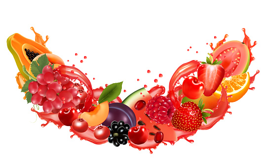 Fruit and berries in juice splash. Papaya, orange, guava, mango, peach, strawberry, vine, pear, raspberry, blackberry, cherry. Vector.