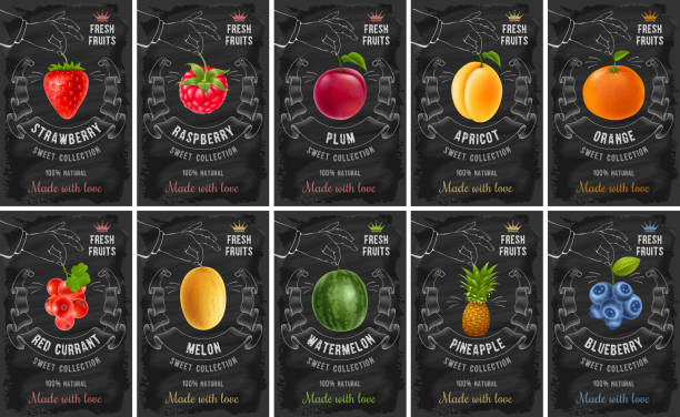 Fruit and berries labels set Fruit and berries labels set with realistic fruits and creative design in chalk drawing style. Vector illustration. blueberry illustrations stock illustrations