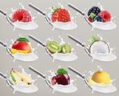 Fruit and berries yogurt. Milk splash. 3d realistic vector icon set