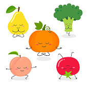 Collection with different funny fruit and vegetable characters doing yoga complex exercises. Vector flat illustration isolated on white background