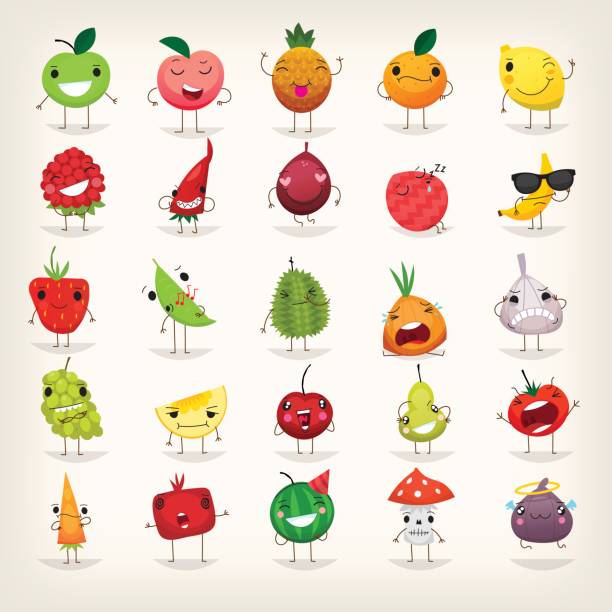 Fruit and vegetables emoji Set of colorful fruit characters with cool and happy faces. Fruit and food emoticons. tomato cartoon stock illustrations