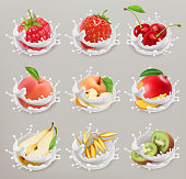 Fruit, berries and yogurt. Strawberry, raspberry, cherry, pear, peach, apple, mango, kiwi, grain. 3d vector icon set 1