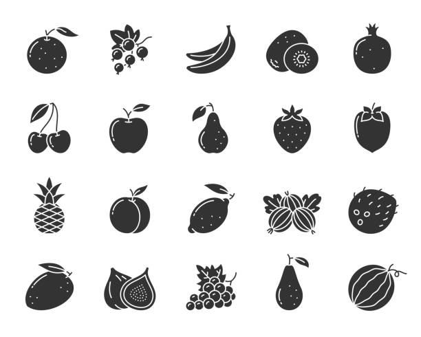 Fruit berry food black silhouette icon vector set Fruit silhouette icons set. Summer food symbol, simple shape pictogram collection. Berry design element. Banana, orange, kiwi, apple flat black sign. Isolated on white icon concept vector illustration banana silhouettes stock illustrations