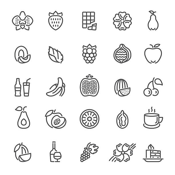 Fruit, flavors, additives and flavorings icons Fruit, flavors, tastes and flavorings, ingredients and scents for packaging design, cosmetics and web banana symbols stock illustrations