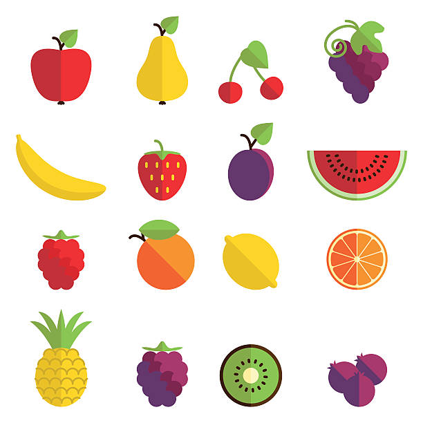 Fruit icons Set of 16 fruit icons in flat design. strawberry cartoon stock illustrations