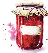 Fruit jam with a sticker. Mason jar. Watercolor. Hand painted. Vector illustration