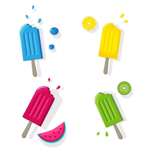 Fruit popsicles ice cream set isolated with fruits Fruit popsicles ice cream set of isolated frozen stick confection with fruts Icons on blank background vector illustration. Ice lollys collection colored fruity set of four frozen popsicles flavored ice stock illustrations