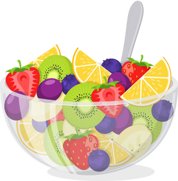 Fruit salad in glass bowl. Healthy vegetarian food  meal isolated on white. Vector illustration. fruit salad stock illustrations