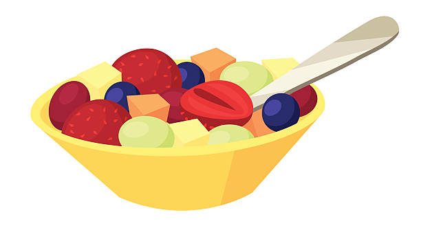 Fruit Salad Fruit salad in a yellow bowl. Each fruit piece, the spoon, and the bowl are on separate layers for easy editing in your vector program. fruit salad stock illustrations
