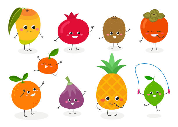 Fruit set №2 Set of various cute cartoon tropical fruits. Vector flat illustration isolated on white background eye clipart stock illustrations