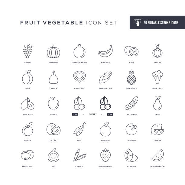 Fruit Vegetable Editable Stroke Line Icons 29 Fruit Vegetable Icons - Editable Stroke - Easy to edit and customize - You can easily customize the stroke with banana icons stock illustrations