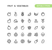 Set of fruit and vegetables outline vector icons. Every icon is grouped. Editable stroke.