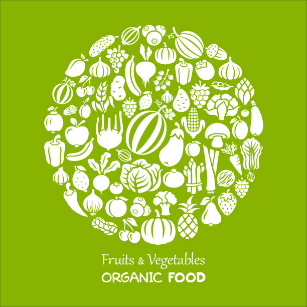 Fruits and Vegetables Collage Fruits and Vegetables. Organic Food supermarket symbols stock illustrations