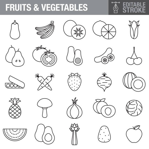 果物と野菜の編集可能なストロークアイコンセット - グリーンピース点のイラスト素材／クリップアート素材／マンガ素材／アイコン素材