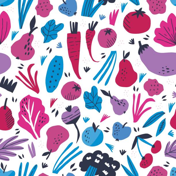 Fruits and vegetables hand drawn vector seamless pattern. Organic harvest background, backdrop. Eco beetroot, eggplant, apple, tomato texture. Farm products textile, fabric, wrapping paper design Fruits and vegetables hand drawn vector seamless pattern. Organic harvest background, backdrop. Eco beetroot, eggplant, apple, tomato texture. Farm products textile, fabric, wrapping paper design supermarket patterns stock illustrations