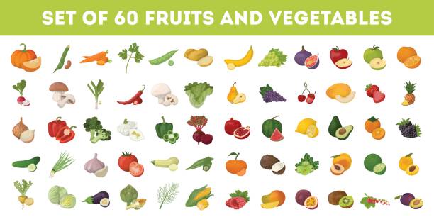 stockillustraties, clipart, cartoons en iconen met de pictogrammen van groenten en fruit ingesteld. - fruit