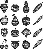 Vector fruit and vegetables labels. Fruit and vegetables silhouettes with lettering. Fruits and vegetables icons for grocery, food shop, organic product label, packaging and advertising. Food labels design.