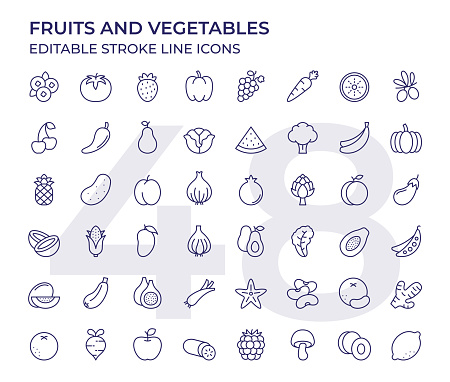 Vector Style Fruits And Vegetables Editable Stroke Line Icon Set