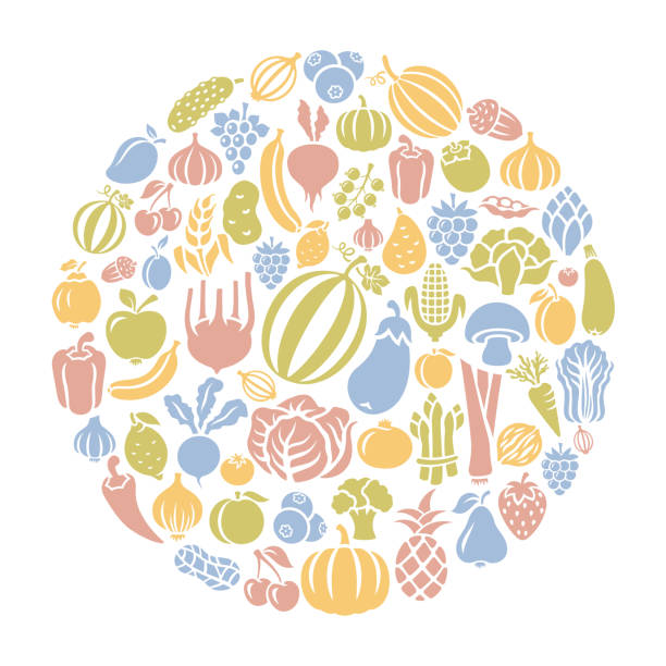 Fruits and Vegetables round composition Fruits and Vegetables round composition supermarket patterns stock illustrations