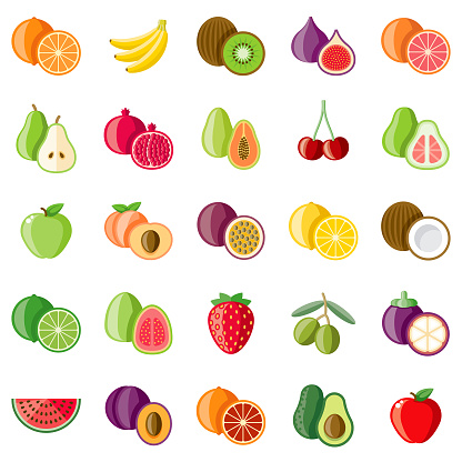 A set of flat design styled fruits icons with a long side shadow. Color swatches are global so it’s easy to edit and change the colors. File is built in the CMYK color space for optimal printing.