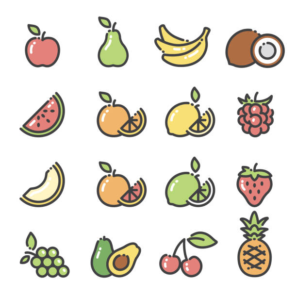 Fruits - line art icons set 1 Line art icons fruit icons - part 1. Includes apple, pear, bananas, grapes, raspberry, strawberry, orange, lemon. lime, grapefruit, avocado, pineapple, cherries, melon, watermelon and coconut. banana symbols stock illustrations
