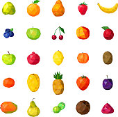 Fresh organic fruits and berries modern polygonal colorful icons collection with papaya strawberry pear isolated vector illustration