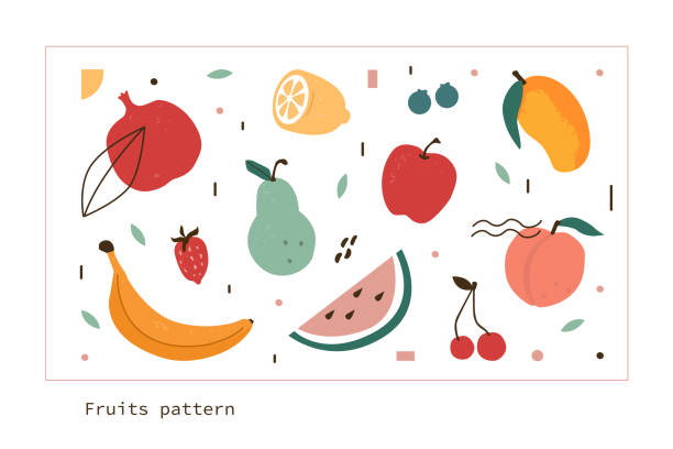 fruits Fruits and Berries Hand Drawn Doodle Collection. Apple, Peach, Mango, Watermelon and other Tropical Fruits. Pattern Design in Scandinavian Minimal Style. Flat Cartoon Vector  Illustration. apple fruit stock illustrations