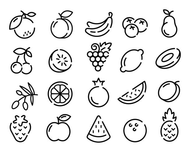 Fruits Set of fruits flat icons. Strawberry pictogram for web. Line stroke. Cherry and same fruits isolated on white background. Vector eps10 banana silhouettes stock illustrations
