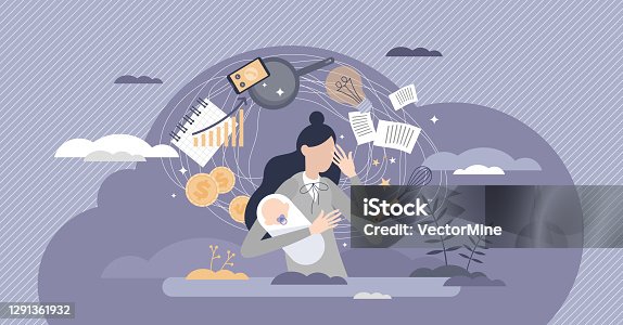 istock Frustrated, busy and tired mom with household duties tiny person concept 1291361932
