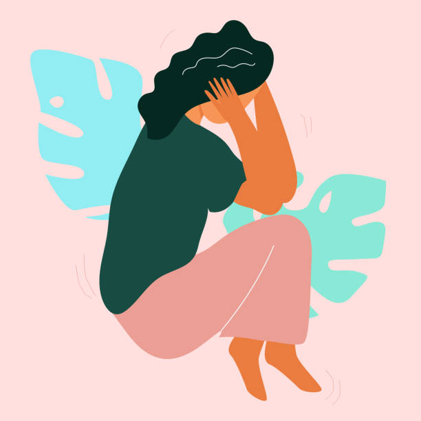 A frustrated sad girl lies on an abstract background of monstera leaves, covering her face and ears with her hands, an emotion of despair flat vector pain silhouettes stock illustrations