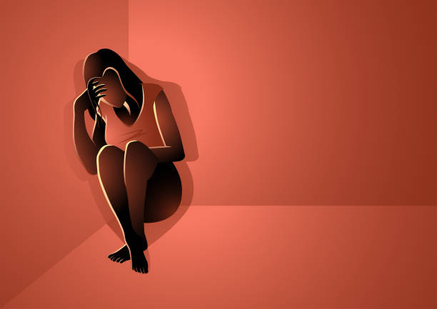 Frustrated woman sitting in the corner vector art illustration