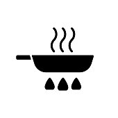 Fry pan black glyph icon. Roasting ingredients for dinner on stove flame. Stirring process. Cooking instruction. Food preparation. Silhouette symbol on white space. Vector isolated illustration