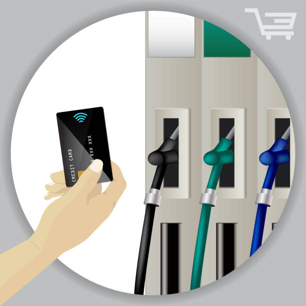 Fuel dispenser and fuel nozzles at a filling station to pump petrol, gas, diesel. Contactless wireless credit card payment.  Vector Fuel dispenser and fuel nozzles at a filling station to pump petrol, gas, diesel. Contactless wireless credit card payment. Petrol pumps. Vector petrol bowser stock illustrations