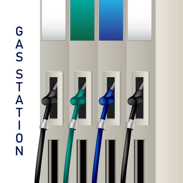 Fuel dispenser and fuel nozzles at a filling station to pump petrol, gas, diesel. Vector Fuel dispenser and fuel nozzles at a filling station to pump petrol, gas, diesel. Petrol pumps. Vector petrol bowser stock illustrations