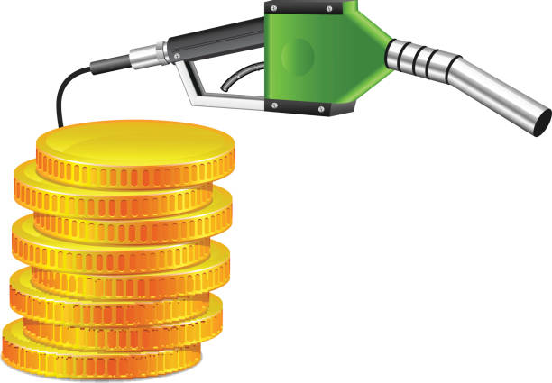 ilustraciones, imágenes clip art, dibujos animados e iconos de stock de combustible boquilla con moneda de oro - gas pump