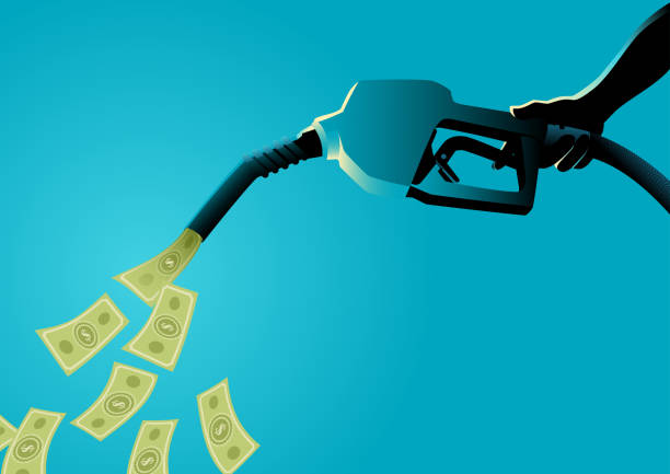 Fuel Pump Pouring Money Vector illustration of a hand holding gasoline fuel pump pouring money gas pump stock illustrations